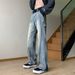 Men's Frayed Flared Jeans Loose Fit Straight Leg High Street Style Retro Zipper_mkmklike.com