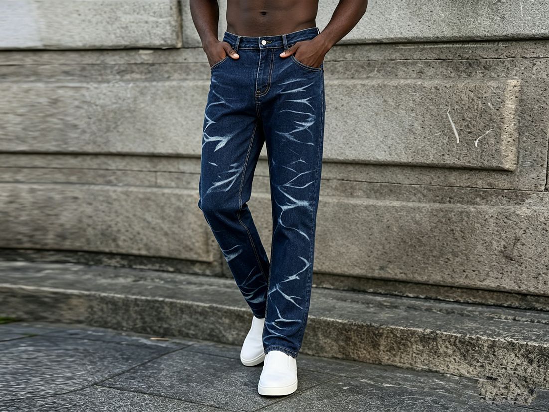 Men's Retro Washed Floral Jeans Loose Straight Leg Pants_mkmklike.com