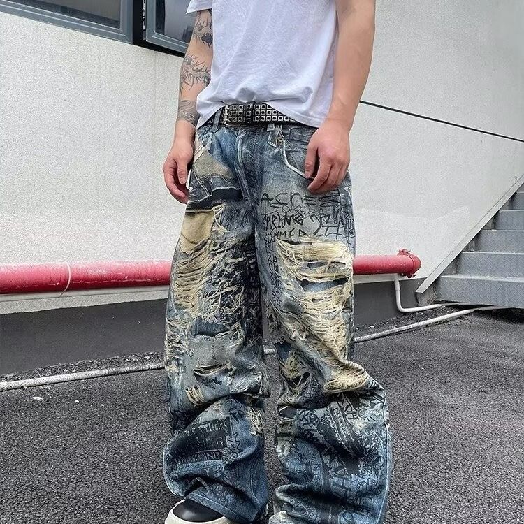 Unisex Loose Casual 3D Printed Jeans Distressed Ripped Optical Illusion Style Men's Denim_mkmklike.com
