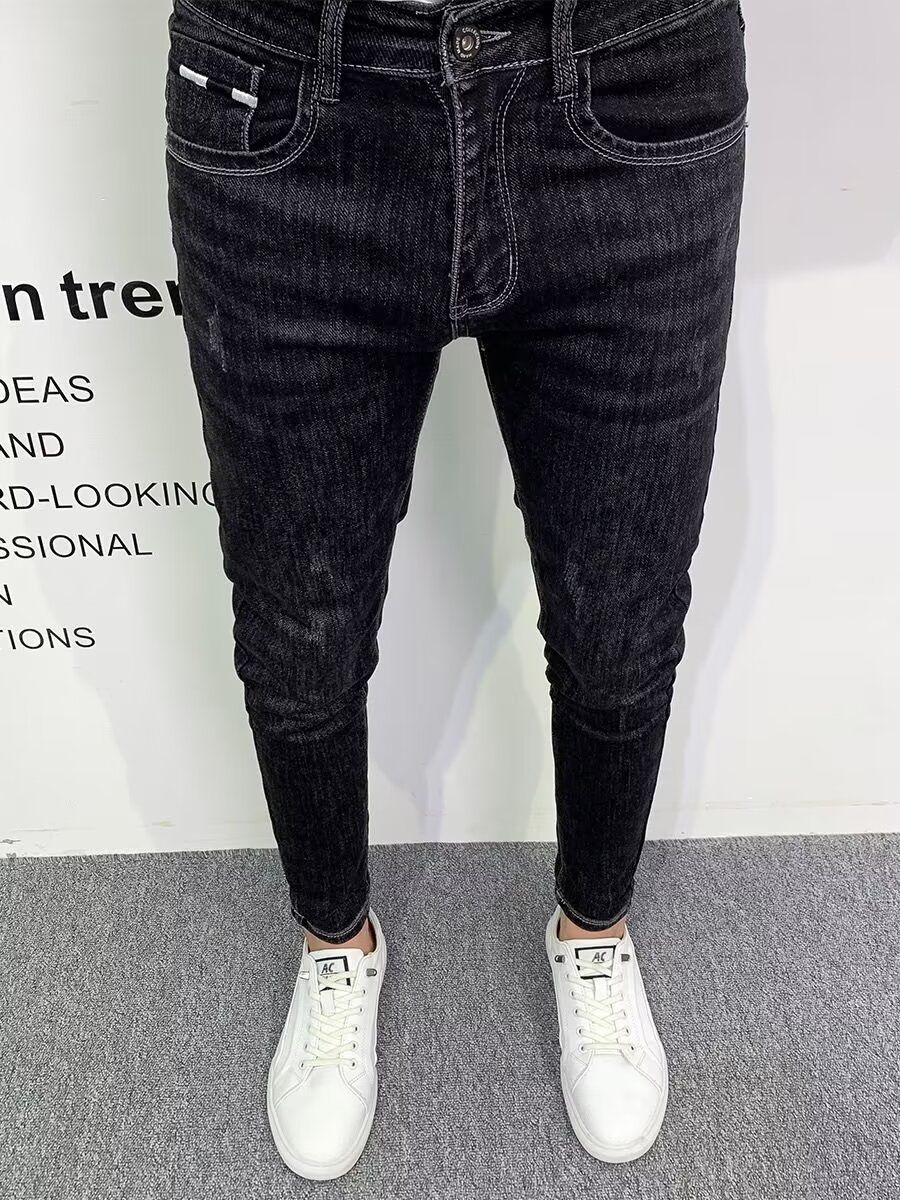 Black Embroidered Jeans Men's Spring And Summer 2024 New Fashion Brand Wash Casual Korea Version Slim Nine Points Pants_mkmklike.com