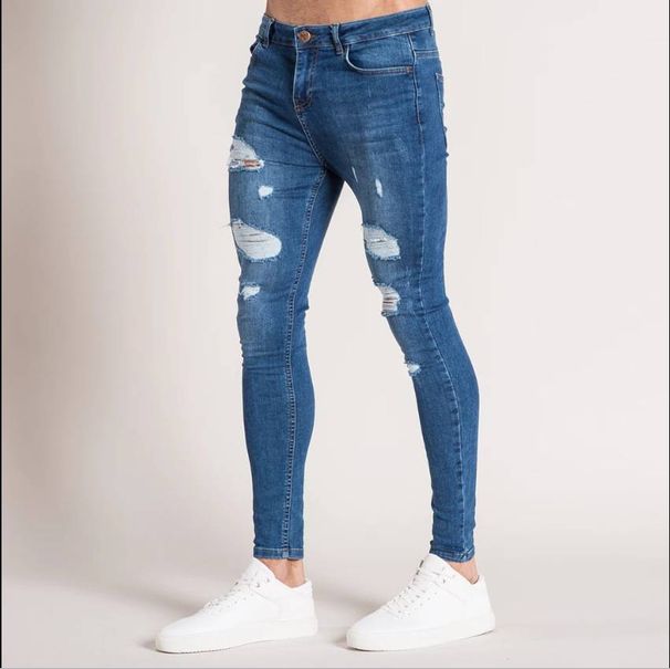 Men's Clothing Men's Slim Fit Ripped Knee Jeans - Distressed Denim Pants With Washed Effect, Skinny Stretchable Casual Trousers For Spring Summer_mkmklike.com