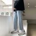 Men's Cropped Straight Leg Jeans – Casual Distressed Hem Denim Pants (Mid-Rise, Light/Deep Blue, No Stretch)_mkmklike.com