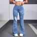 Women's Heart-Shaped Ripped Bell Bottom Jeans - Stretch High Waist Flared Pants With Original Trimming, Light Blue Distressed Denim_mkmklike.com