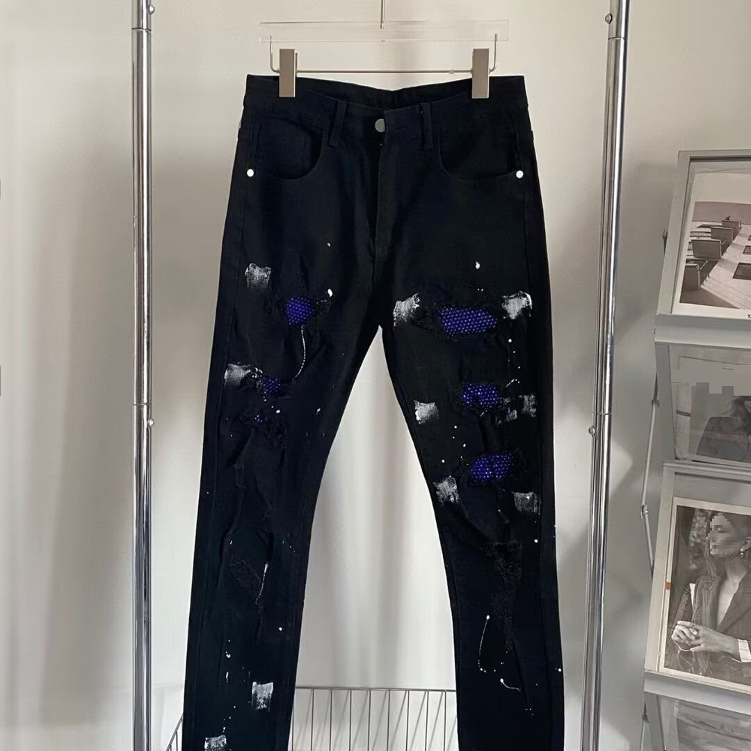 High Street Light Luxury Blue Diamond Splash Ink Hole Jeans Men's Korean Style Trendy Slim Fit Elastic Small Feet Trendy Brand Trousers_mkmklike.com