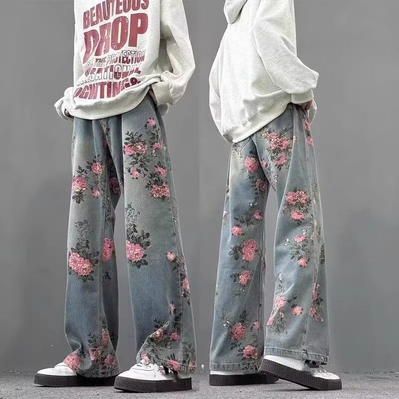 "Men's Peony Jacquard Jeans – Vintage Washed Straight-Leg With Subtle Flare (Retro Summer Style, Breathable & Stylish)"_mkmklike.com