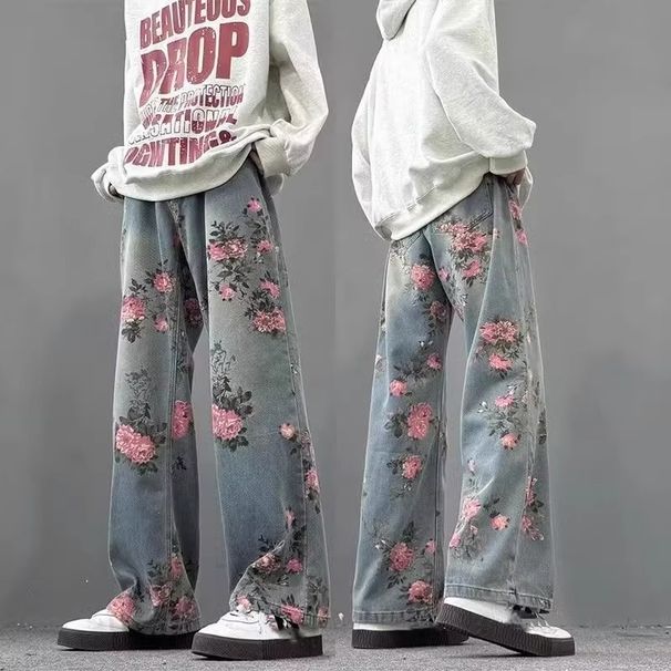 "Men's Peony Jacquard Jeans – Vintage Washed Straight-Leg With Subtle Flare (Retro Summer Style, Breathable & Stylish)"_mkmklike.com