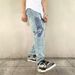 Men's Slim Fit Lightning Bolt Bootcut Jeans – High Street Fashion, Stretch Denim (Cotton Blend, Winter-Ready, Streetwear Essential, Retro Revival)_mkmklike.com