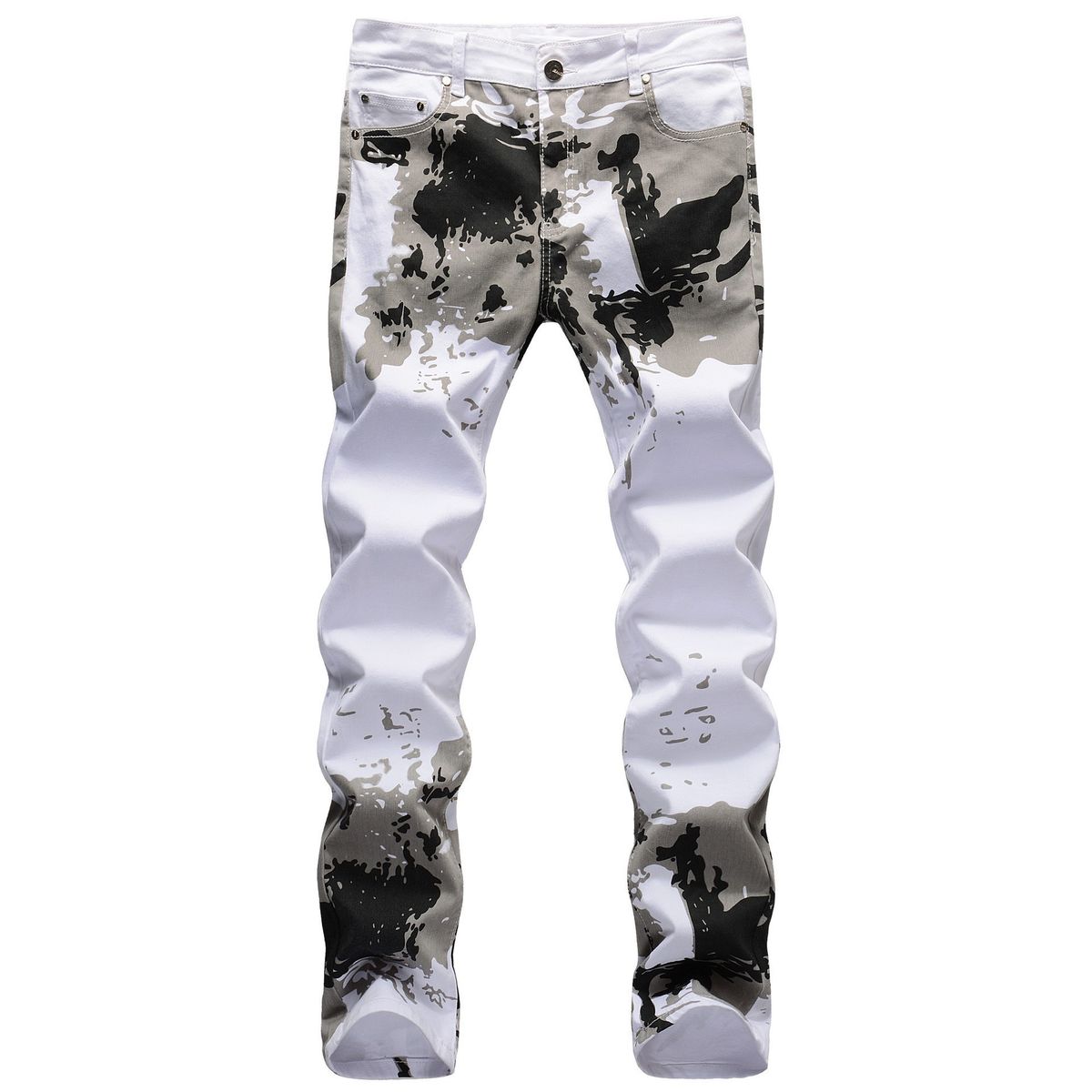 Men's White Camo Print Stretch Jeans Slim Fit Skinny Leg Tactical Style Denim Pants_mkmklike.com