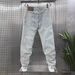 Men's Trendy Versatile Straight Leg Cropped Jeans Summer Denim Stretchy Washed Harem Style Casual Fashionable Dad Mid Waist Blue Black_mkmklike.com