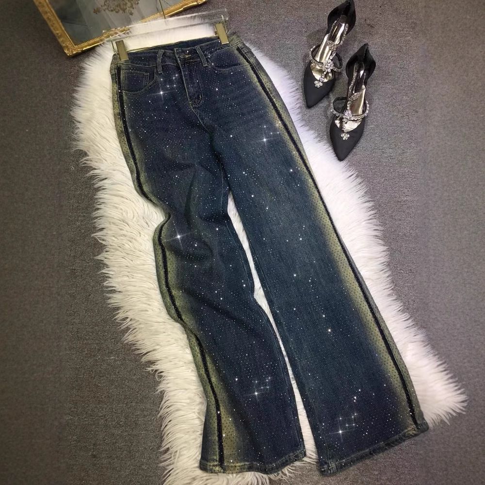 Women's Clothing Heavy Duty Hot Diamond Jeans High Waist Slimming High Elastic Dark Blue Washed Straight Pants_mkmklike.com
