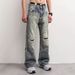 Men's Distressed Rhinestone Jeans – Relaxed Straight-Leg Vintage Denim Pants With Flared Hem For Retro Streetwear_mkmklike.com