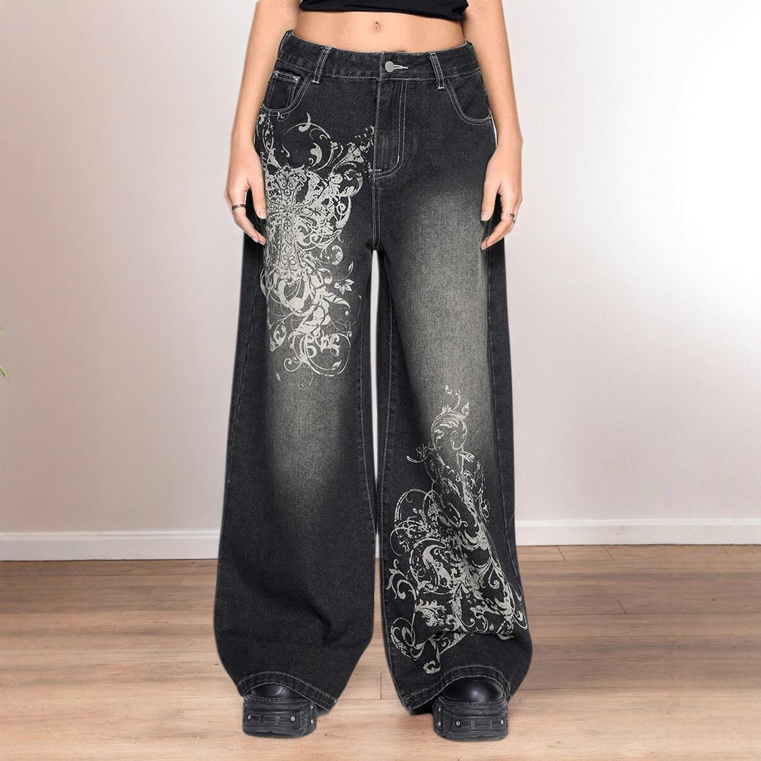 Women's Clothing Vintage Dark Gothic Print Contrast Low-Rise Loose Straight Washed Distressed Casual Denim Jeans For Streetwear Fashion_mkmklike.com