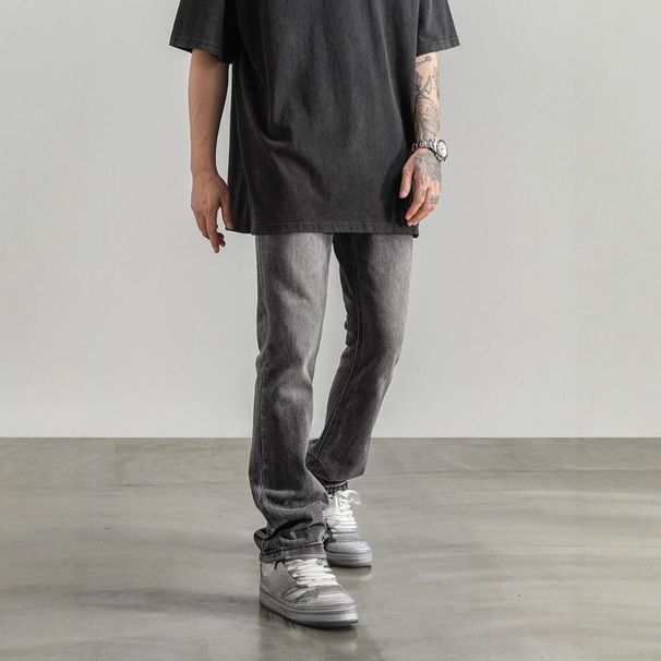 Men's Clothing Retro Washed Distressed Vintage Washed Gray High Street American Retro Jeans - Relaxed Fit Bootcut Denim Pants For Men & Women_mkmklike.com