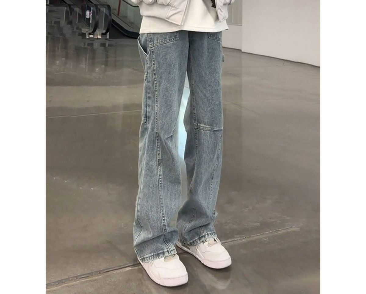 Men's American-Style Diagonal Cut Jeans – Workwear Straight Leg Pants With Adjustable Ties & Streetwear Flare_mkmklike.com