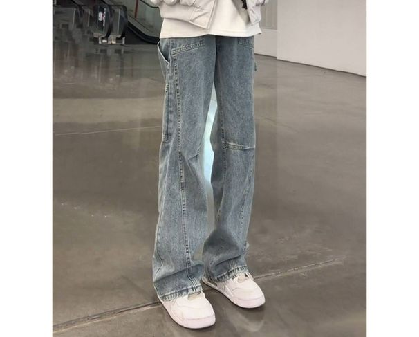Men's American-Style Diagonal Cut Jeans – Workwear Straight Leg Pants With Adjustable Ties & Streetwear Flare_mkmklike.com