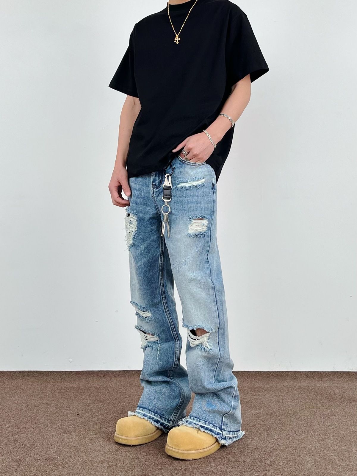 Men's Street Washed Ripped Flared Jeans With Tassel Decor - High Street Cleanfit Straight Drape Trousers_mkmklike.com