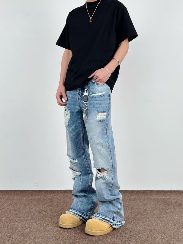 Men's Street Washed Ripped Flared Jeans With Tassel Decor - High Street Cleanfit Straight Drape Trousers_mkmklike.com