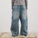 Men's Unique off the Shoulder Slanted Placket Button down Jeans Distressed Washed Loose Wide Leg Straight Leg Floor Length Trousers_mkmklike.com