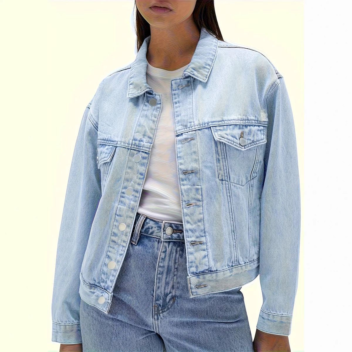 Women's Light Blue Washed Denim Jacket Loose Fit Drop Shoulder Short Versatile Top Factory Direct Wholesale_mkmklike.com