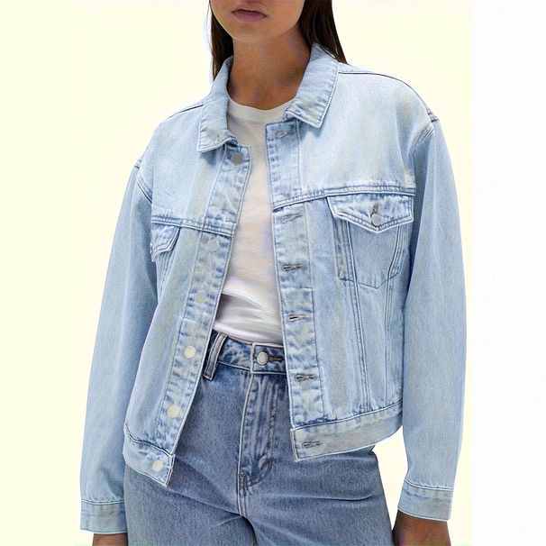 Women's Light Blue Washed Denim Jacket Loose Fit Drop Shoulder Short Versatile Top Factory Direct Wholesale_mkmklike.com