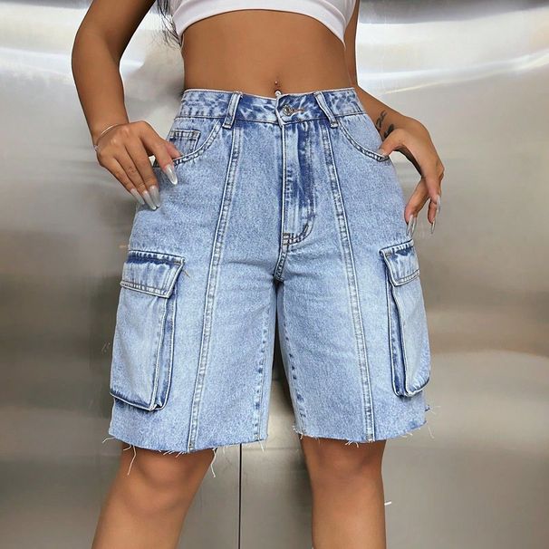 Women's Clothing High Waist Large Pockets Slim Loose Workwear Denim Shorts_mkmklike.com
