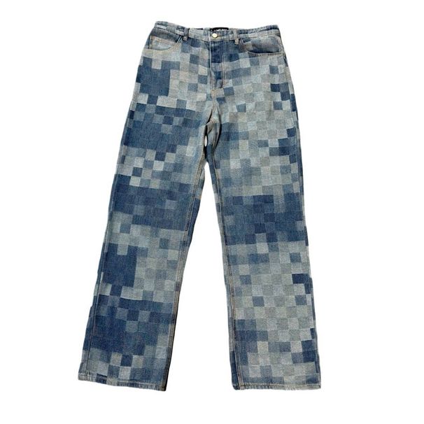 Men's Clothing Pharrell same style spring and summer mosaic print heavy washed casual straight blue denim checkerboard trousers_mkmklike.com
