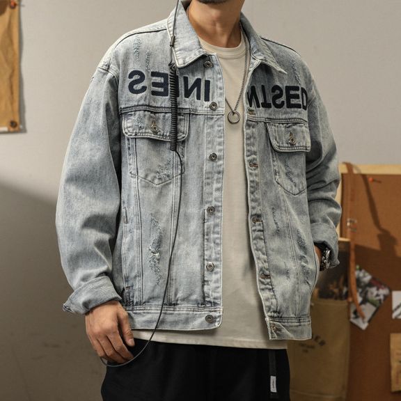 Men's Clothing Plus Size Men's Autumn New Trend Hole Embroidery Denim Jacket Coat Plus Size_mkmklike.com