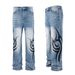 Men's Vintage Washed Blue Jeans With Whisker & Tattoo Print, Slim Bootcut Denim Pants, Retro Streetwear Style_mkmklike.com