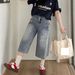 Women's High-Waisted Star Patterned Wide Leg Denim Capri Pants Style Thin Summer Straight Leg Mid-Length Shorts_mkmklike.com