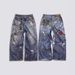 Women's Clothing Printed Flower Trompe L'oeil Vintage Distressed Heavy Low Waist Loose Jeans_mkmklike.com