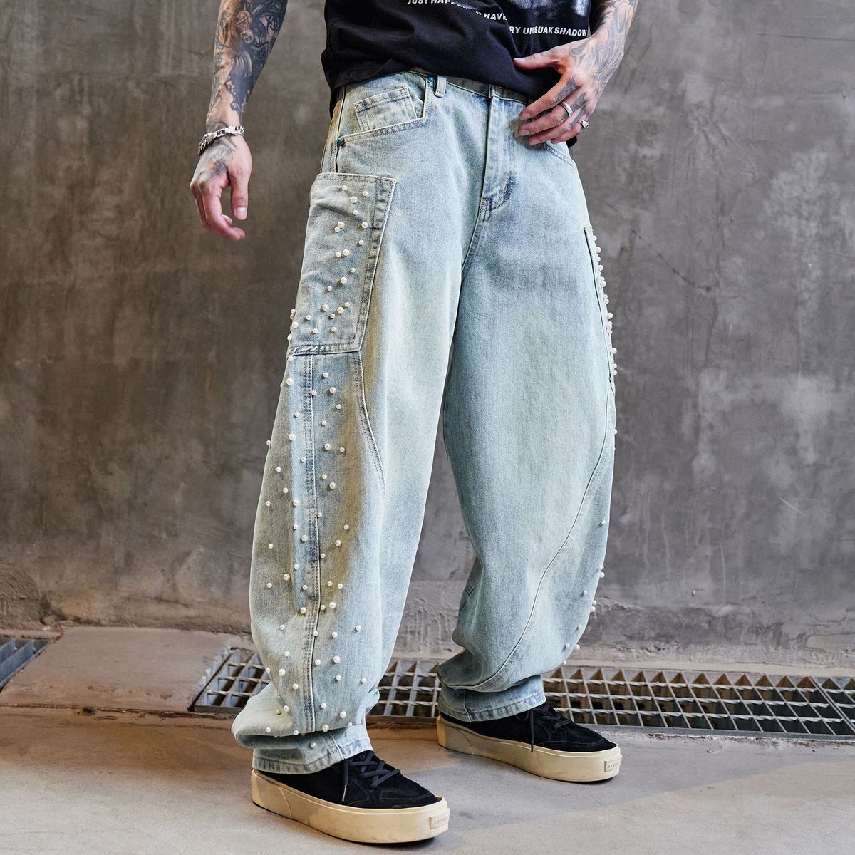 Handcrafted Beaded Denim Jeans – Vintage Washed Wide-Leg Streetwear Pants For Men (S-3XL)_mkmklike.com