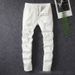 Men's White Slim Jeans Rhinestone Studded Distressed Casual Elastic High Street Shin Clothing_mkmklike.com