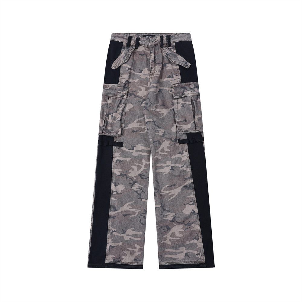 Color Block Patchwork Distressed Camouflage Cargo Men's Large Pocket Vibe Trendy Punk Vintage Loose Straight Pants_mkmklike.com
