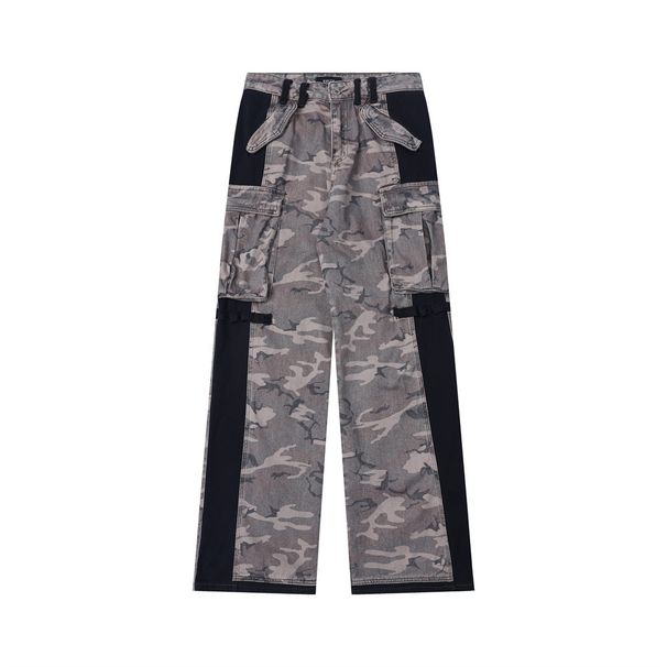 Color Block Patchwork Distressed Camouflage Cargo Men's Large Pocket Vibe Trendy Punk Vintage Loose Straight Pants_mkmklike.com