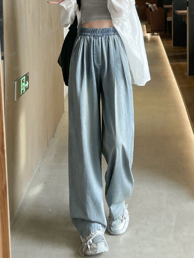 K Jeans, Women's Slim Fit, Loose Straight Leg, Oversized, Elastic Waist, Wide Leg Pants_mkmklike.com