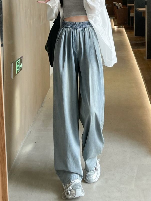 K Jeans, Women's Slim Fit, Loose Straight Leg, Oversized, Elastic Waist, Wide Leg Pants_mkmklike.com