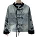 Women's Chinese Style Denim Jacket, Vintage Frog Button Floral Embroidered Jean Coat, Pink Trim Stand Collar Cropped Casual Outerwear For Daily Street_mkmklike.com