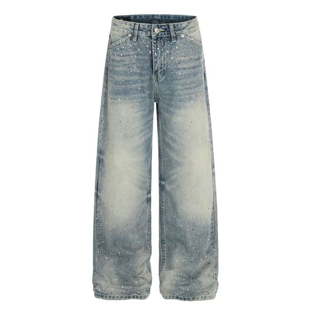 Unisex High Street Wide-Leg Bootcut Denim Pants Distressed Starlight Embroidered Jeans 92.8% Cotton Blue S-XL_mkmklike.com