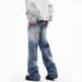 Men's Clothing Fashion Mid Waist Design Lightning Crack Washed Jeans For Men Spring And Autumn Retro Loose Straight Pants_mkmklike.com