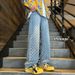 Men's Straight Leg Jeans Blue Jacquard All over Print Trendy Summer Design Niche Style American High Street Vibe Pants_mkmklike.com