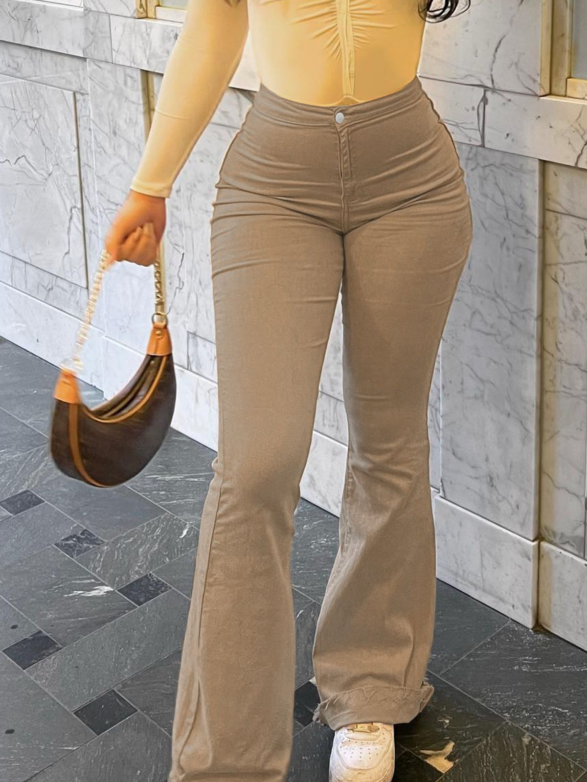 Women's High-Waisted Flared Jeans With Zipper Detail - Stretchy Quilted Denim, Street Style & Comfort Fit, Solid Color Casual Pants_mkmklike.com