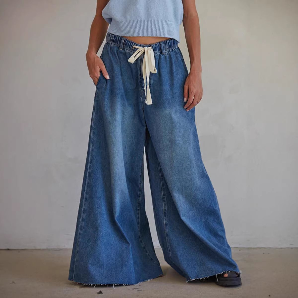 Women's Wide Leg Jeans Drawstring Elastic Waist Loose Straight Leg Pants Spring Autumn Fashionable Casual Denim_mkmklike.com