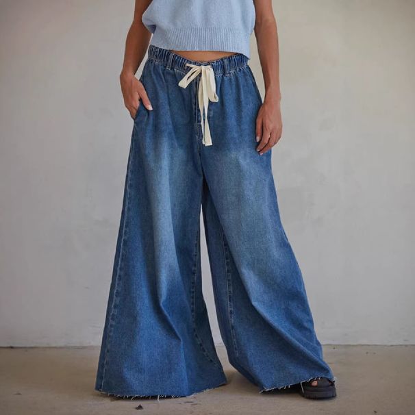 Women's Wide Leg Jeans Drawstring Elastic Waist Loose Straight Leg Pants Spring Autumn Fashionable Casual Denim_mkmklike.com