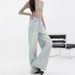 KENH Light Blue Loose Straight Wide-leg Jeans, New Women's Design With Embroidery, Floor-length Pants_mkmklike.com