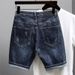 Men's Dark Blue Denim Shorts Trendy High Street Retro Washed Simple Five Point Korean Style Slim Fit Mid-Length Pants_mkmklike.com