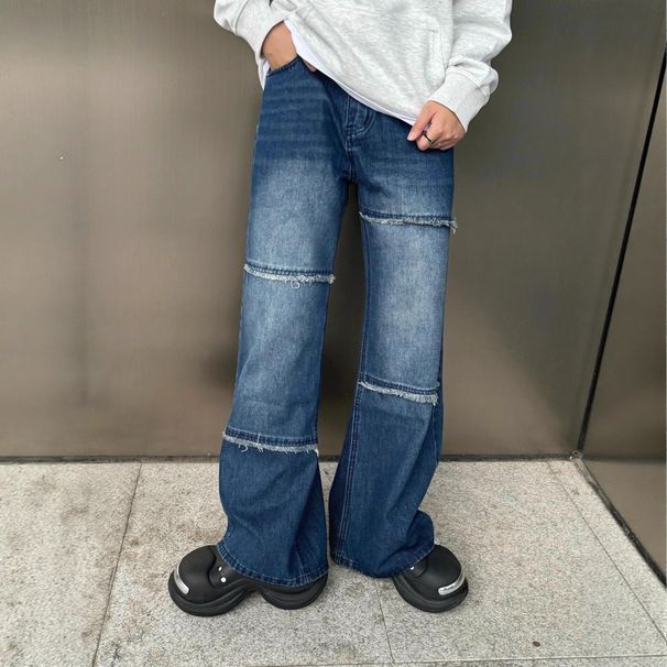 Men's Clothing Men's Distressed Flared Jeans – Vintage Washed Denim Pants (S-3XL, Classic Blue)_mkmklike.com