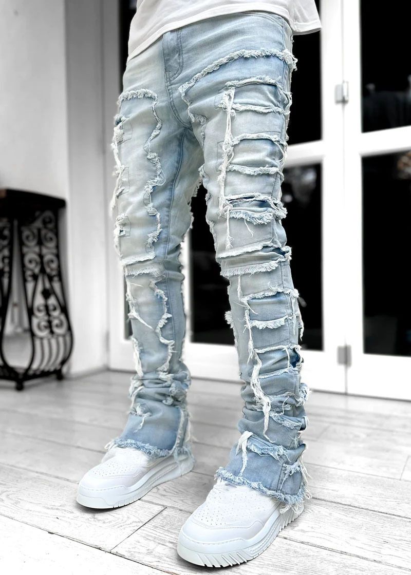 Men's Stretch Denim Jeans Slim Fit Bootcut With Vintage Wash - Casual High Street Fashion (Black, Khaki, Camo Green, Light Blue)_mkmklike.com