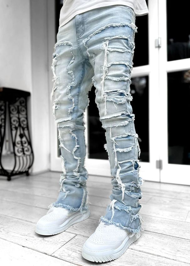 Men's Stretch Denim Jeans Slim Fit Bootcut With Vintage Wash - Casual High Street Fashion (Black, Khaki, Camo Green, Light Blue)_mkmklike.com