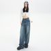 Spring Summer Blue Washed Straight Leg Jeans For Men And Women, Distressed Texture, High Waist, Loose Fit, Wide Leg,_mkmklike.com