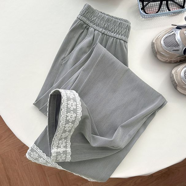 Women's Clothing Lace Denim Wide Leg Pants Spring And Autumn High Waist Slim Petite Nine Point Straight Casual Pants_mkmklike.com